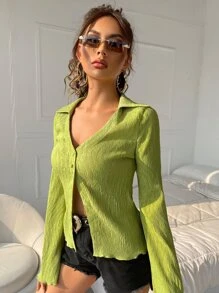 SHEIN ICON Áo sơ mi tay áo lá sen Ren Mộc nhĩ - Màu xanh chanh - Xem 5