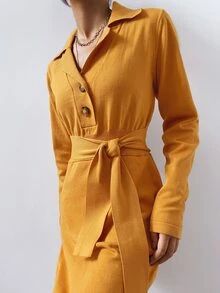 Sollinarry Lapel Neck Half Button Tulip Hem Jumper Dress - Mustard Yellow - View 3