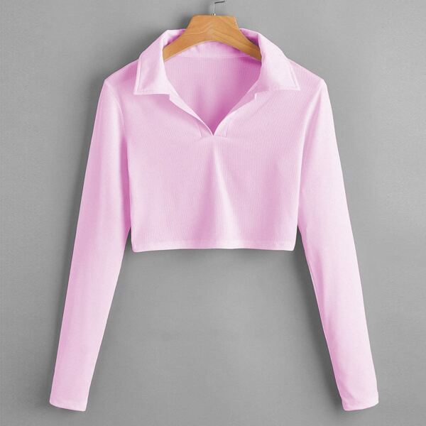 

Solid Ribbed Collar Crop Tee, Baby pink