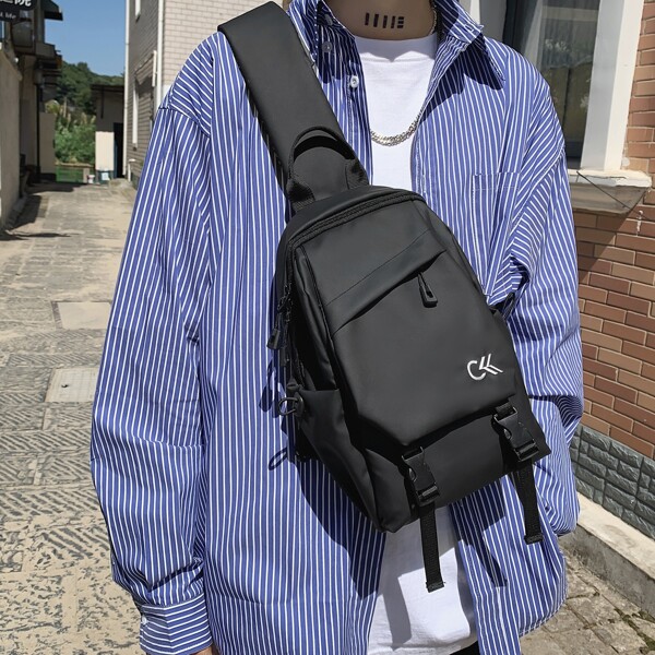 

Men Letter Embroidered Sling Bag, Black