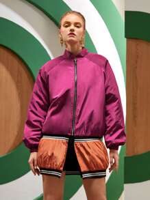 Anthony VANDERWOO Color Block Striped Raglan Sleeve Zipper Jacket