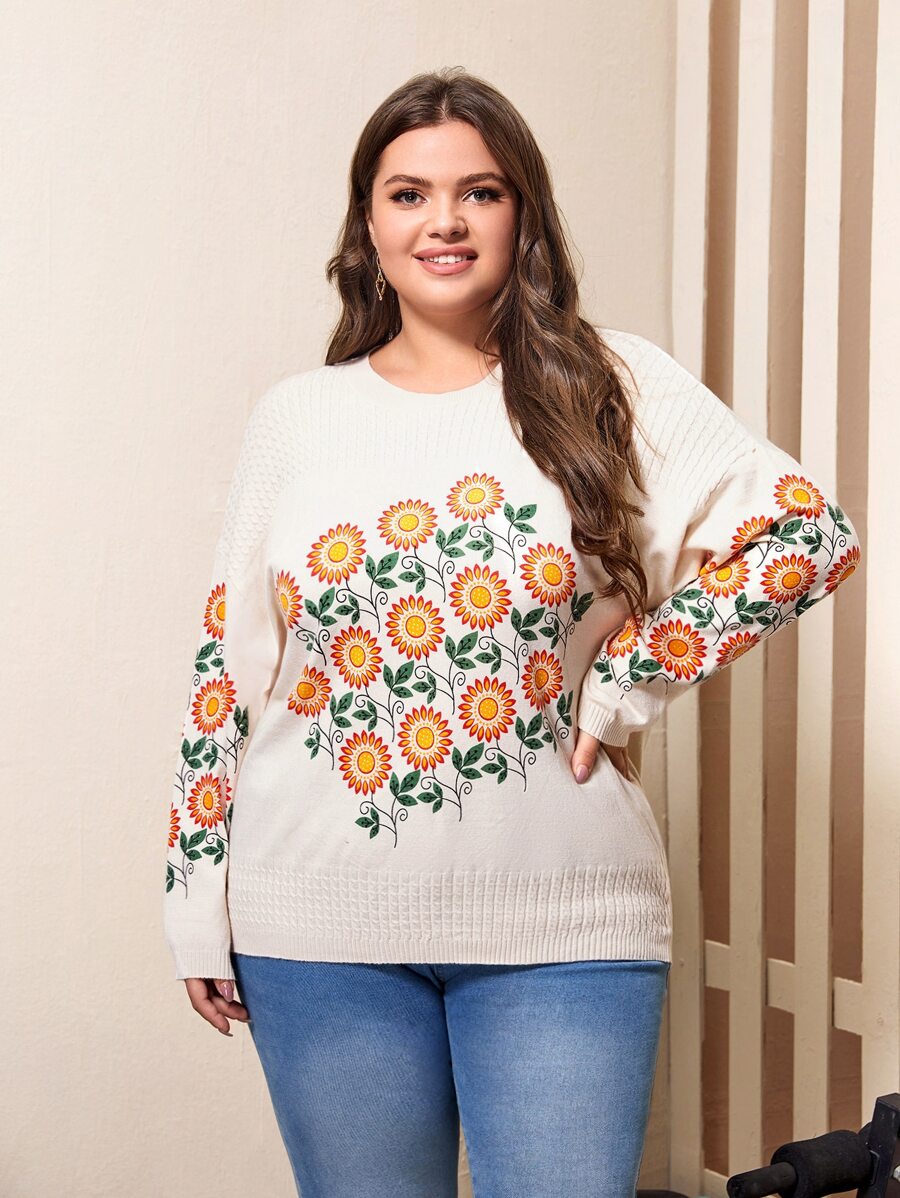 Mulvari Plus Floral Pattern Drop Shoulder Sweater - White - View 1