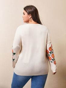 Mulvari Plus Floral Pattern Drop Shoulder Sweater - White - View 3