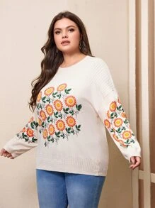 Mulvari Plus Floral Pattern Drop Shoulder Sweater - White - View 4