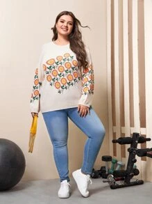 Mulvari Plus Floral Pattern Drop Shoulder Sweater - White - View 2