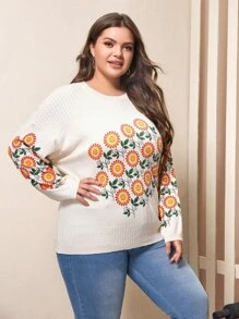 Mulvari Plus Floral Pattern Drop Shoulder Sweater - White - View 5