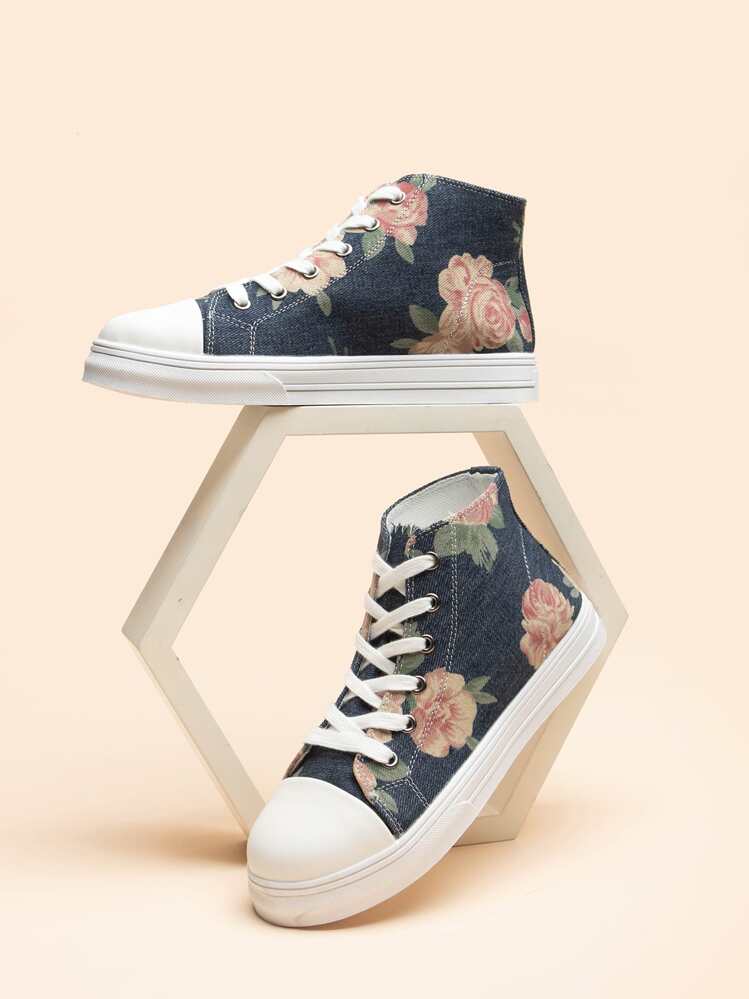 Women's Soft & Fashionable Classic Round Toe Lace-up High-top Canvas Sneakers For All Seasons - Multicolor - View 1