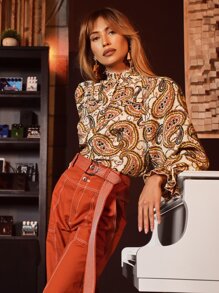 SHEIN 佩斯利印花荷葉邊領口荷葉袖腰帶襯衫 - 彩色 - 查看 1