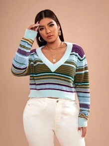SHEIN Unity Plus V-neck Striped Jumper - Multicolor - View 5