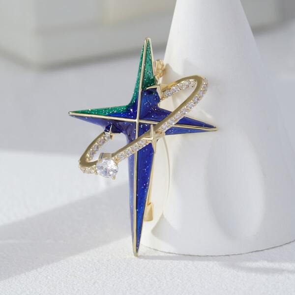 

14K Gold Plated Star & Rhinestone Decor Brooch, Multicolor