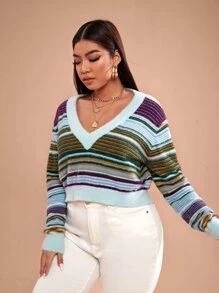SHEIN Unity Plus V-neck Striped Jumper - Multicolor - View 3