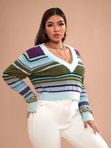 SHEIN Unity Plus V-neck Striped Jumper - Multicolor - View 1