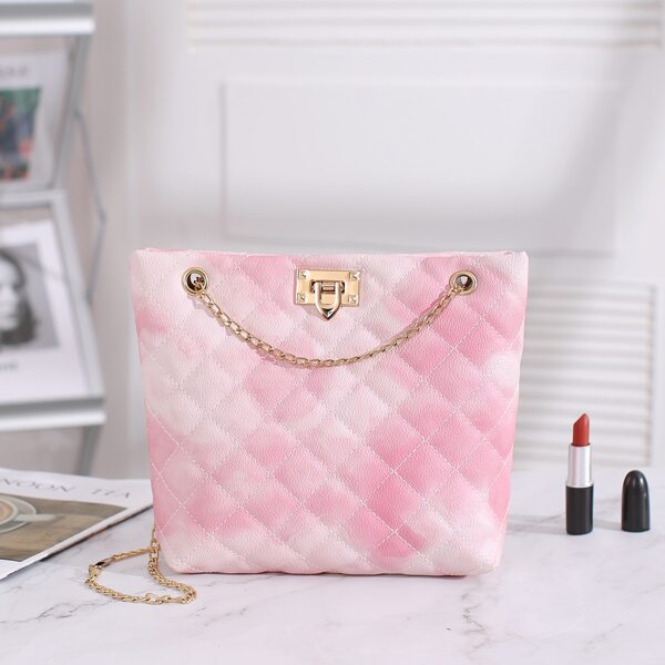 

Quilted Pattern Ombre Chain Bucket Bag, Pink