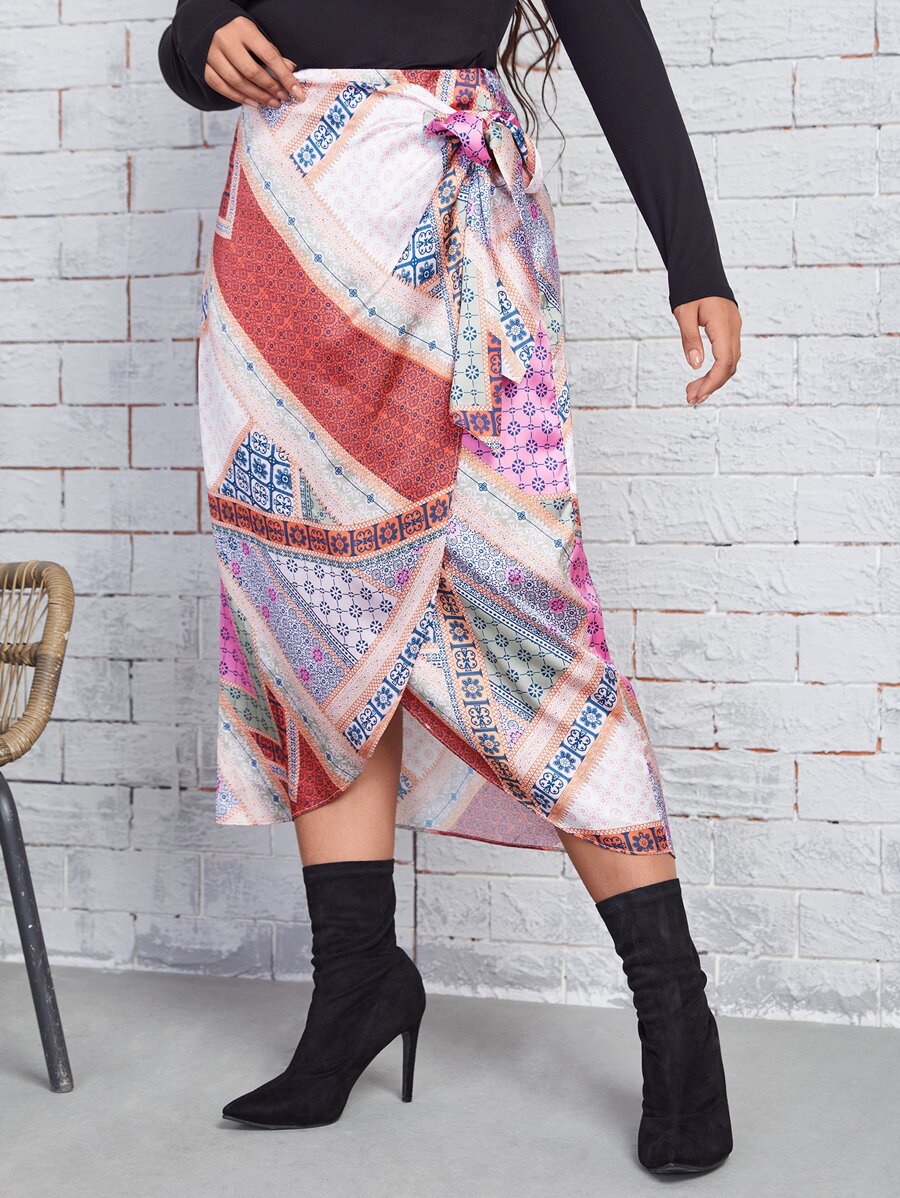 SHEIN VCAY Plus High Waist Patchwork Wrap Knot Side Skirt - Multicolor - View 1