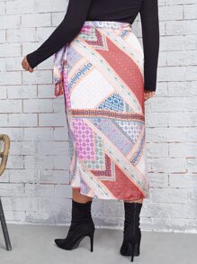SHEIN VCAY Plus High Waist Patchwork Wrap Knot Side Skirt - Multicolor - View 2