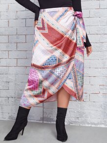 SHEIN VCAY Plus High Waist Patchwork Wrap Knot Side Skirt - Multicolor - View 3