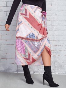 SHEIN VCAY Plus High Waist Patchwork Wrap Knot Side Skirt - Multicolor - View 4