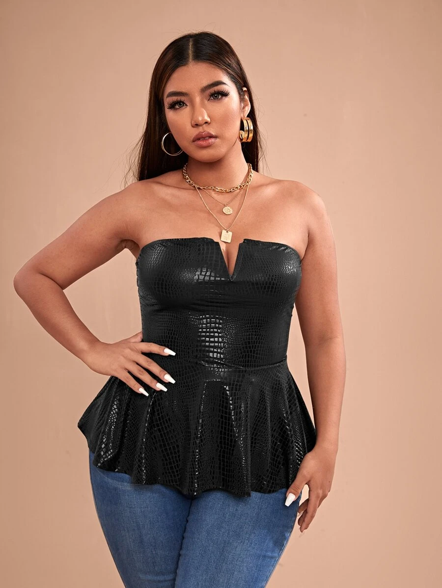 SHEIN SXY Plus V-bar Ruffle Hem Crocodile Embossed Tube Top - Black - View 1