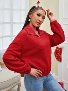 Drop Shoulder Half Zip Fleece Sweatshirt - Red - View 4