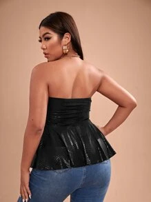 SHEIN SXY Plus V-bar Ruffle Hem Crocodile Embossed Tube Top - Black - View 2