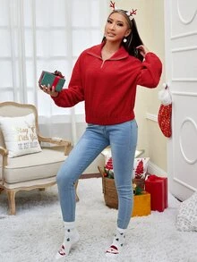 Drop Shoulder Half Zip Fleece Sweatshirt - Red - View 5