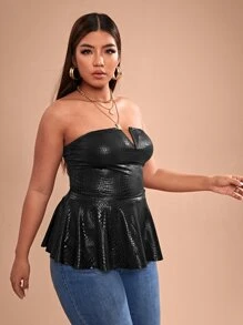 SHEIN SXY Plus V-bar Ruffle Hem Crocodile Embossed Tube Top - Black - View 3