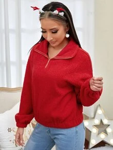 Drop Shoulder Half Zip Fleece Sweatshirt - Red - View 6