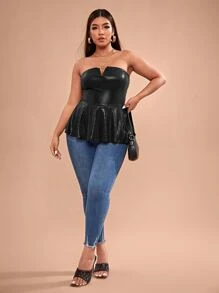 SHEIN SXY Plus V-bar Ruffle Hem Crocodile Embossed Tube Top - Black - View 4