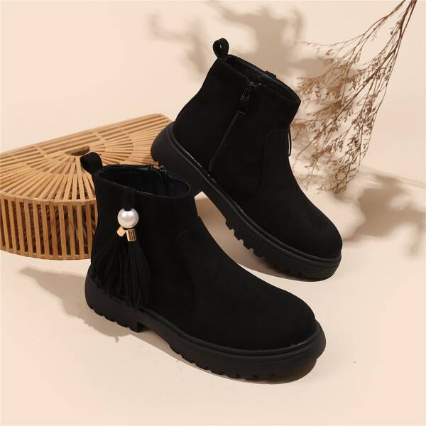 

Faux Pearl & Tassel Decor Side Zipper Classic Boots, Black