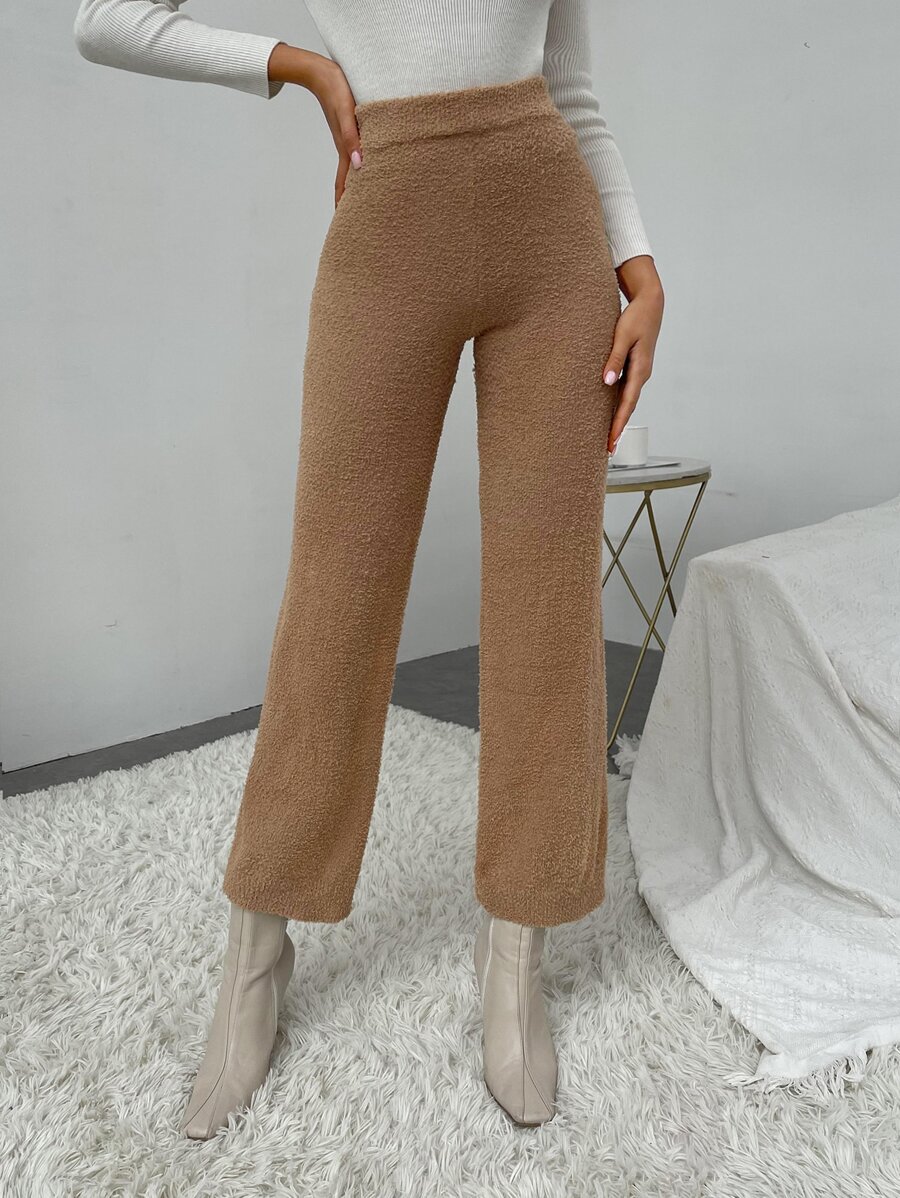 High Waist Solid Knit Trousers - Khaki - View 1