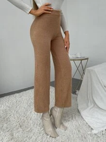 High Waist Solid Knit Trousers - Khaki - View 3