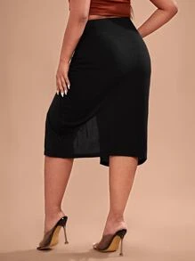 SHEIN Váy Plus Size Dây kéo Thắt nút Xù Gân đan Tách cao màu trơn Gợi cảm - màu đen - Xem 3