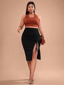SHEIN Váy Plus Size Dây kéo Thắt nút Xù Gân đan Tách cao màu trơn Gợi cảm - màu đen - Xem 1