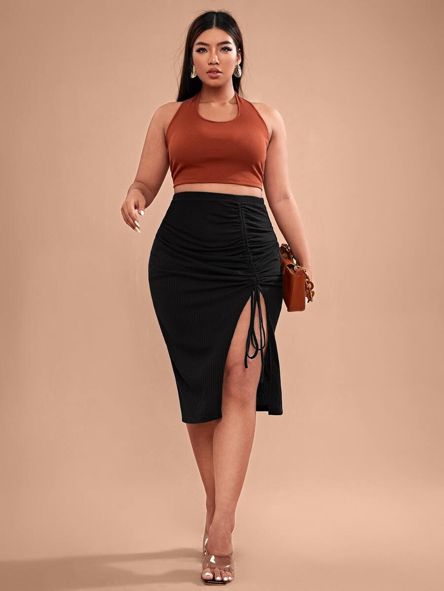 SHEIN Váy Plus Size Dây kéo Thắt nút Xù Gân đan Tách cao màu trơn Gợi cảm - màu đen - Xem 1