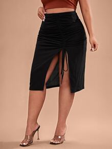 SHEIN Váy Plus Size Dây kéo Thắt nút Xù Gân đan Tách cao màu trơn Gợi cảm - màu đen - Xem 5