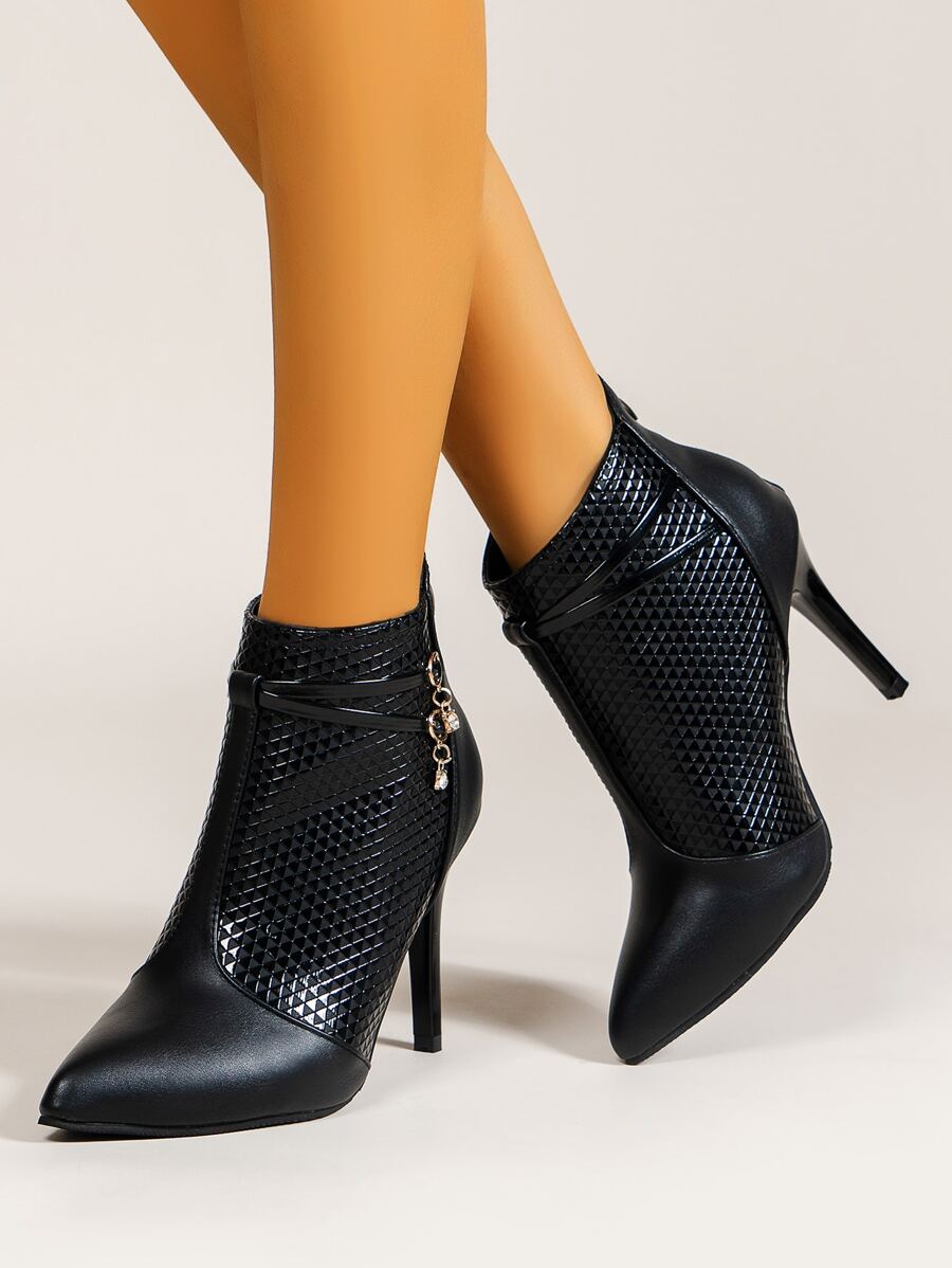 Rhinestone Decor Stiletto Ankle  Boots - Black - View 1