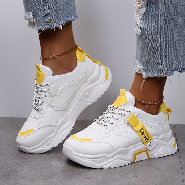 

Letter Tape Decor Lace-up Front Chunky Sneakers, Yellow