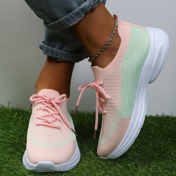 

Colorblock Lace Up Decor Knit Sneakers, Pink