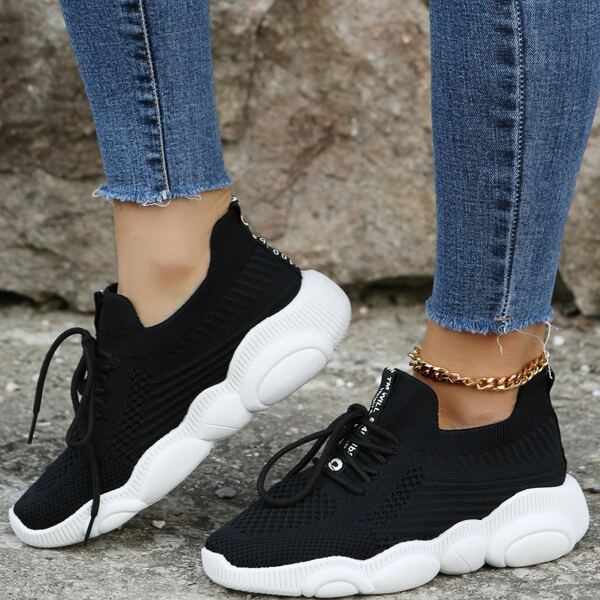 

Letter Graphic Lace Up Decor Knit Sneakers, Black
