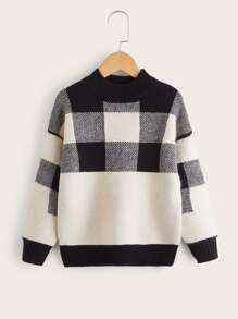 男孩大方格圖案小高領落肩袖套頭毛衣 - 黑與白 - 查看 1