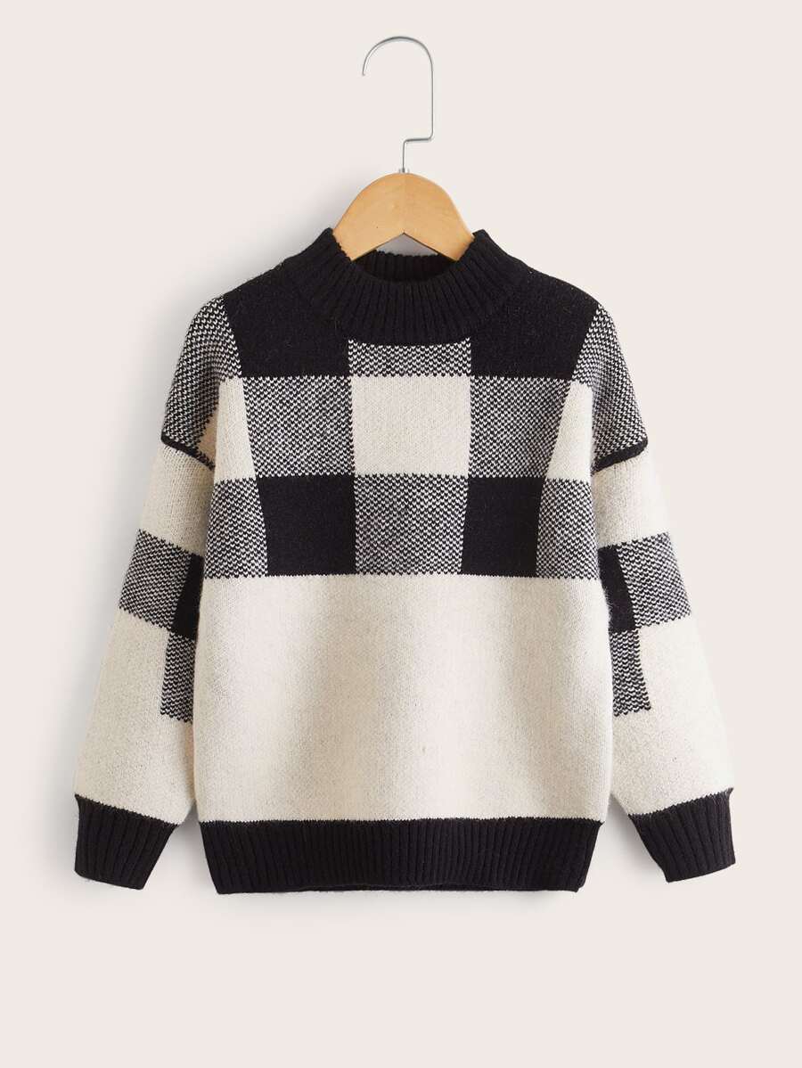 男孩大方格圖案小高領落肩袖套頭毛衣 - 黑與白 - 查看 1