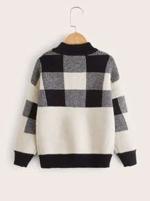 男孩大方格圖案小高領落肩袖套頭毛衣 - 黑與白 - 查看 2