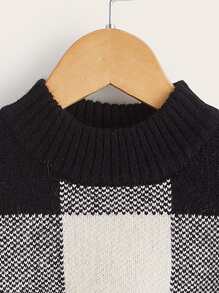 男孩大方格圖案小高領落肩袖套頭毛衣 - 黑與白 - 查看 4