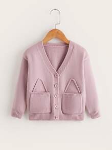 SHEIN Girls' Double Pocket Button Up Cardigan With Upward Collar - Pink - View 1