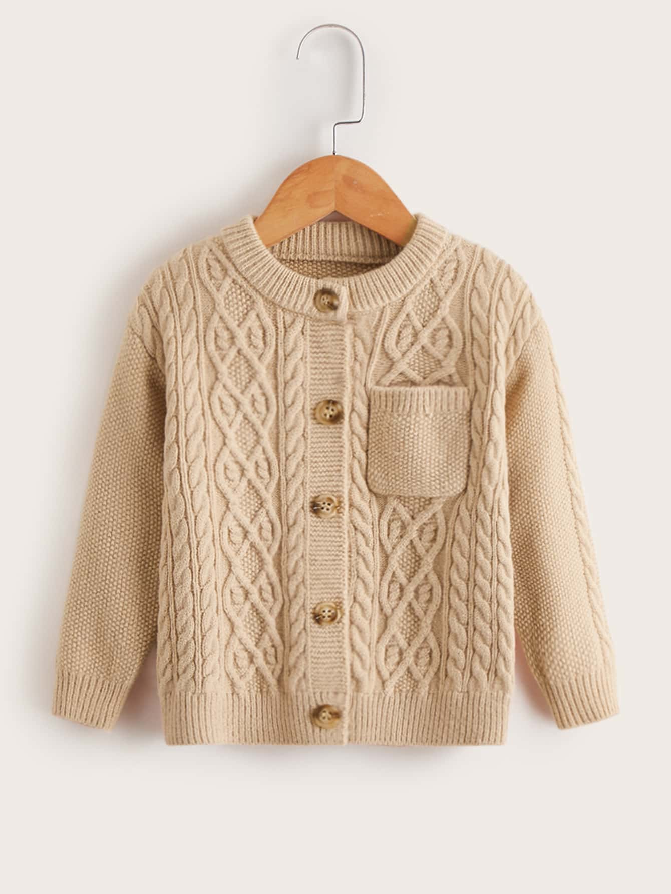 小男童麻花編織補丁貼口袋開襟衫 - 卡其色 - 查看 1