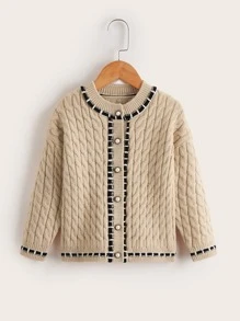 Toddler Boys Striped Trim Drop Shoulder Cable Knit Cardigan - Khaki - View 1