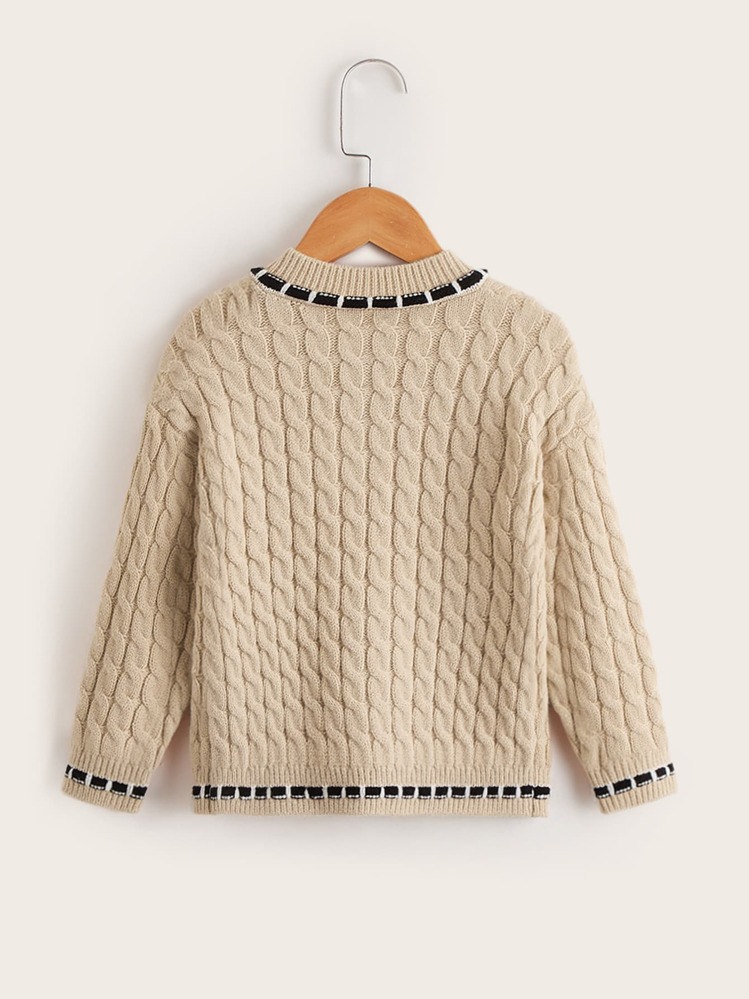 Toddler Boys Striped Trim Drop Shoulder Cable Knit Cardigan - Khaki - View 2