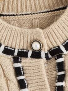 Toddler Boys Striped Trim Drop Shoulder Cable Knit Cardigan - Khaki - View 4