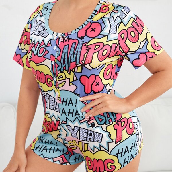 

Plus Pop Art Print Unitard Sleep Romper, Multicolor