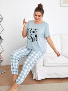 Plus Slogan Graphic Tee & Buffalo Plaid Trousers PJ Set - Blue and White - View 1